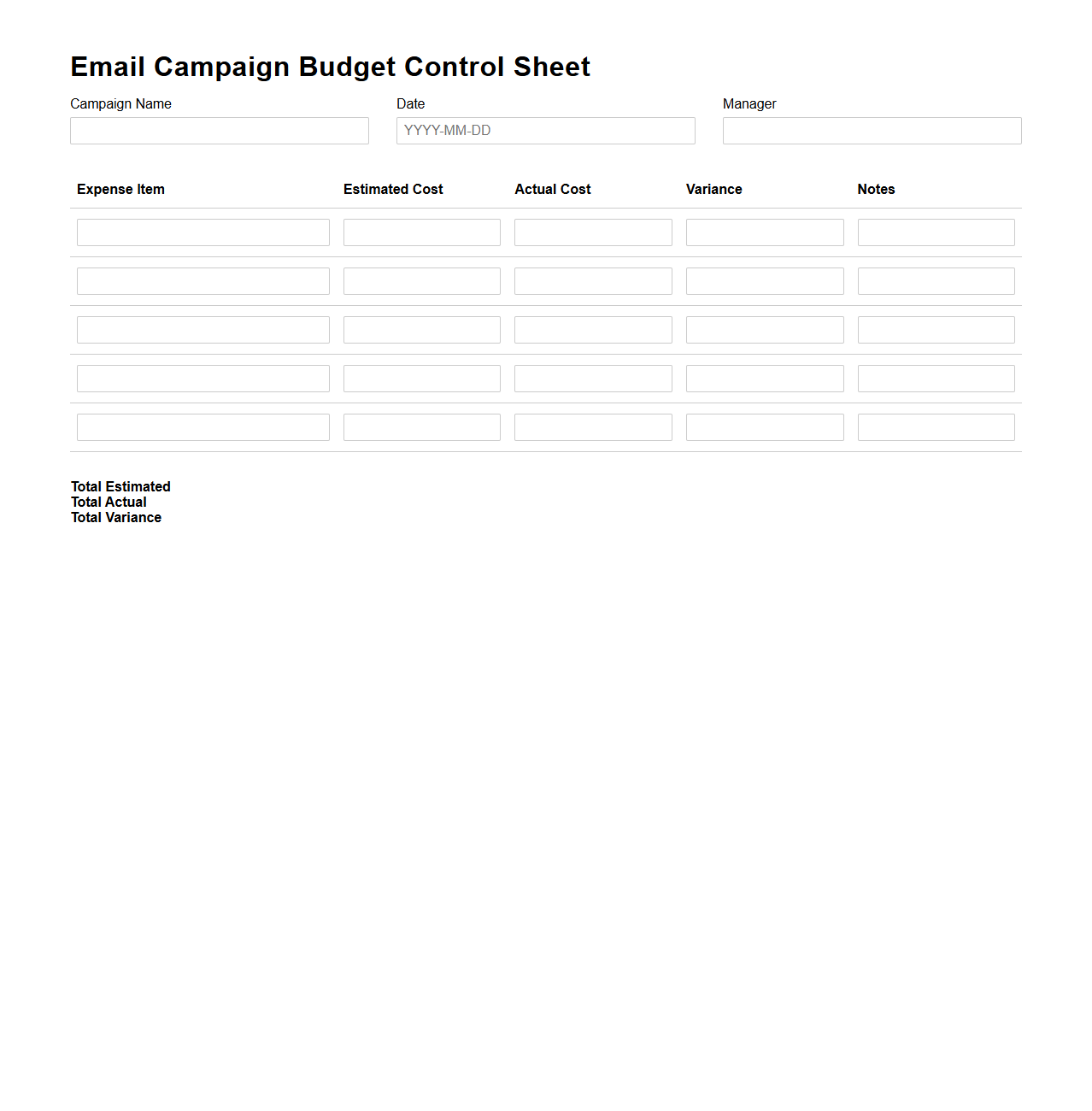 Email Campaign Budget Control Sheet