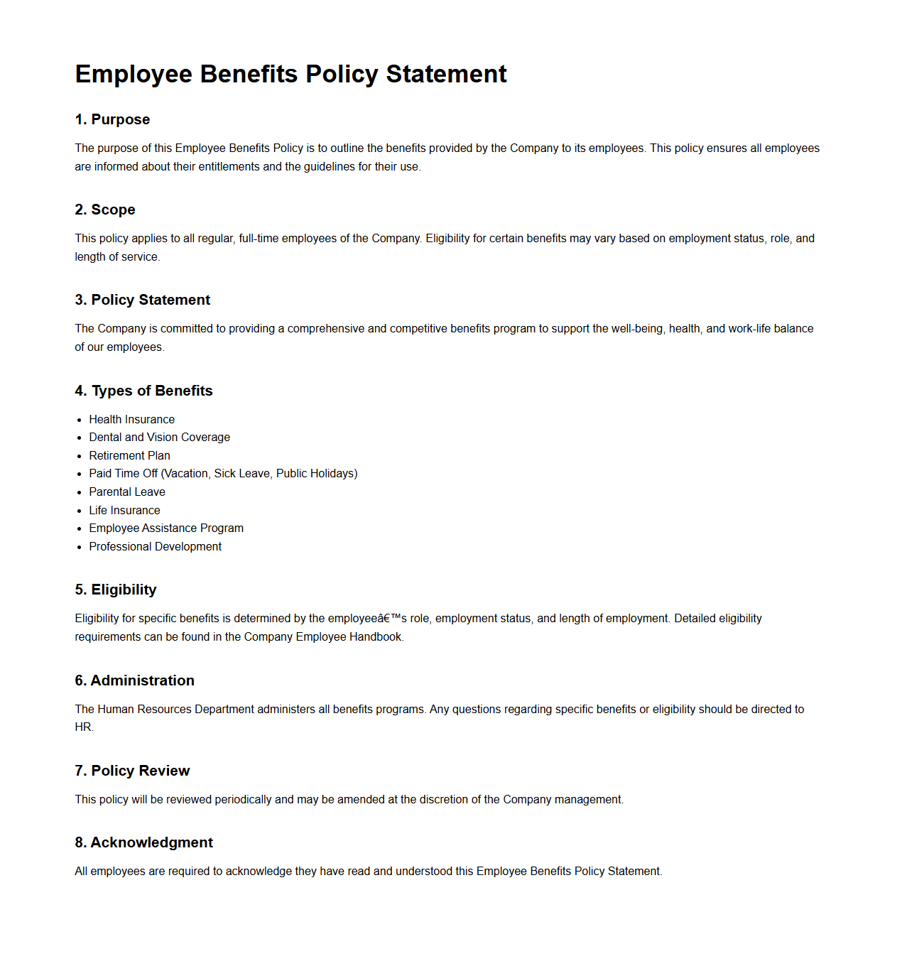 Employee Benefits Policy Statement Template