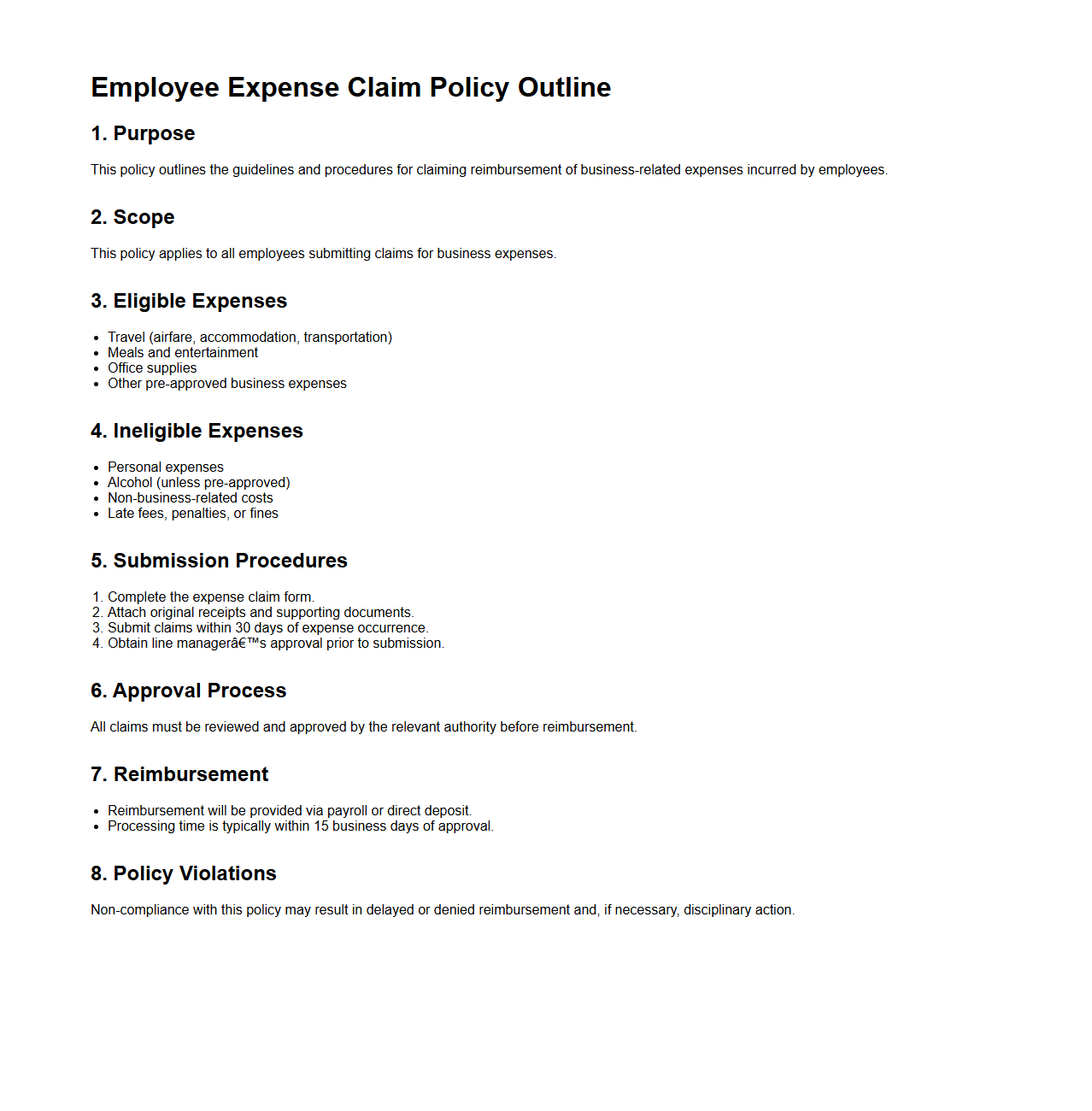 Employee Expense Claim Policy Outline
