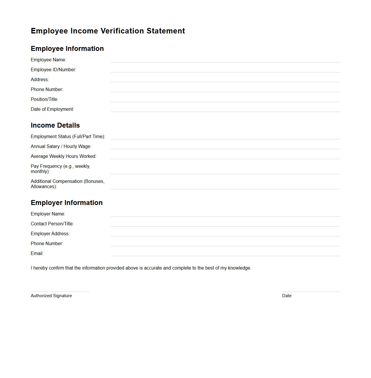 Employee Income Verification Statement Template