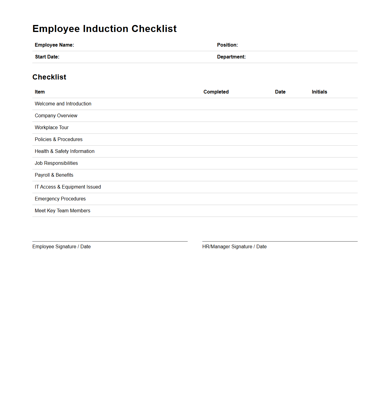 Employee Induction Checklist Sample