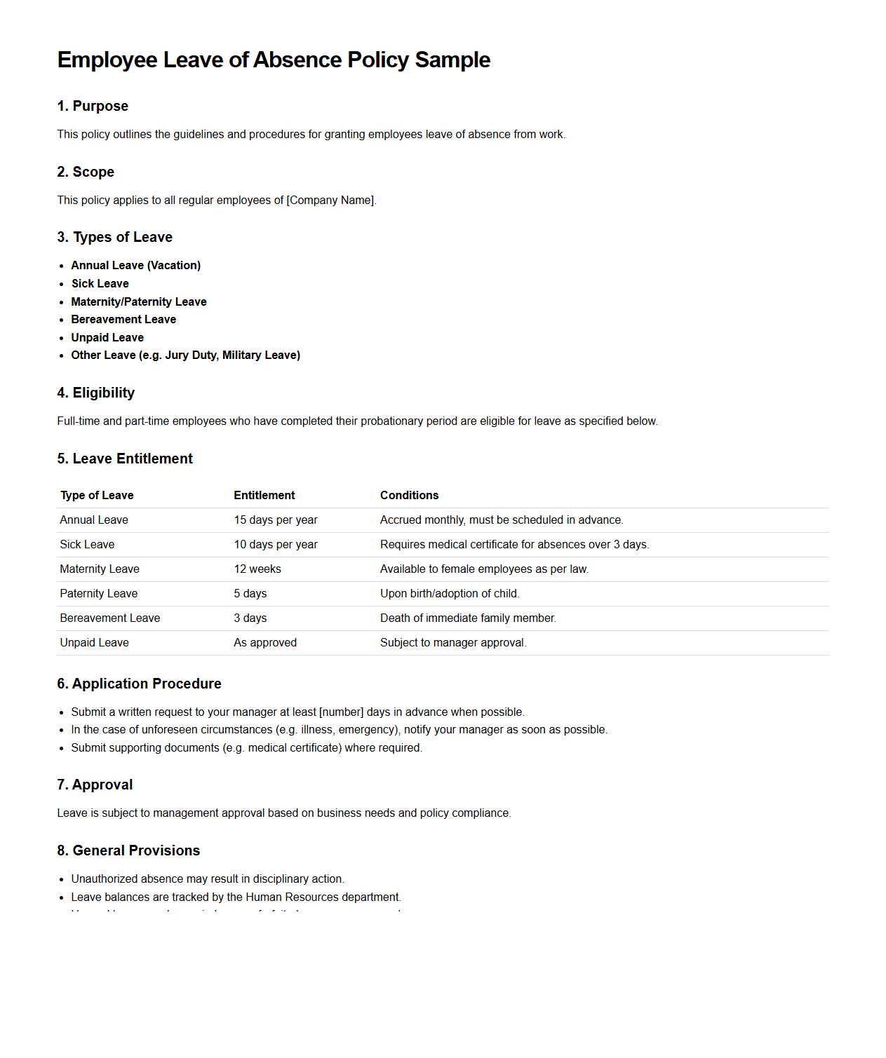 Employee Leave of Absence Policy Sample