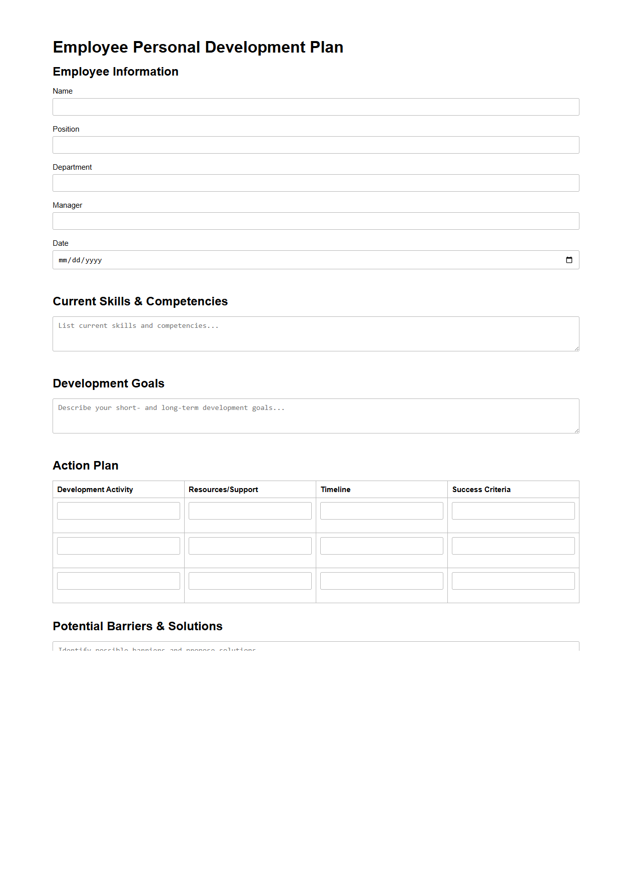 Employee Personal Development Plan Template