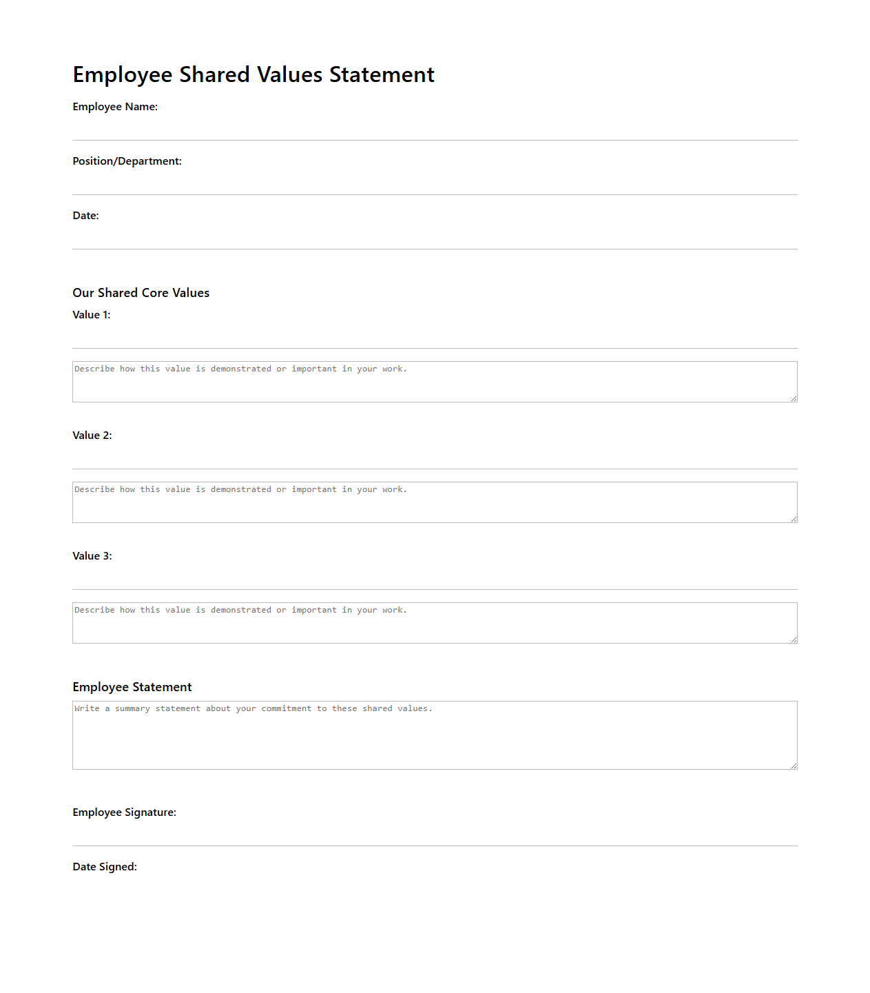 Employee Shared Values Statement Format