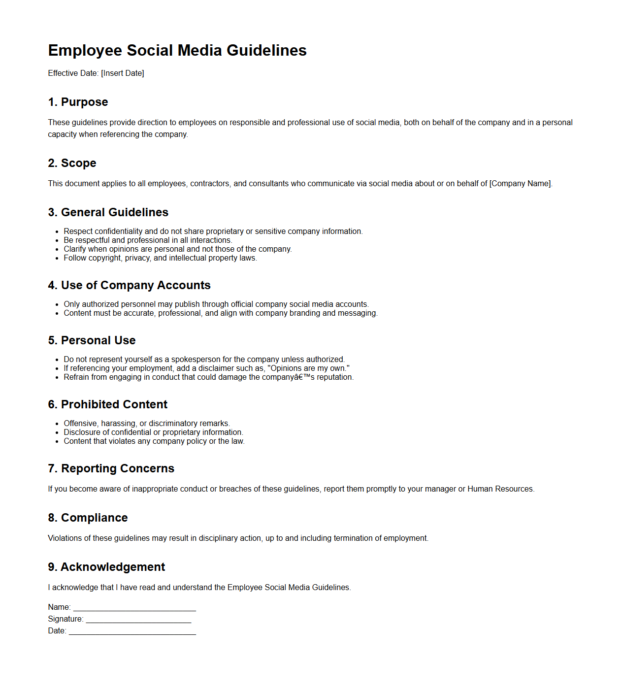 Employee Social Media Guidelines Document