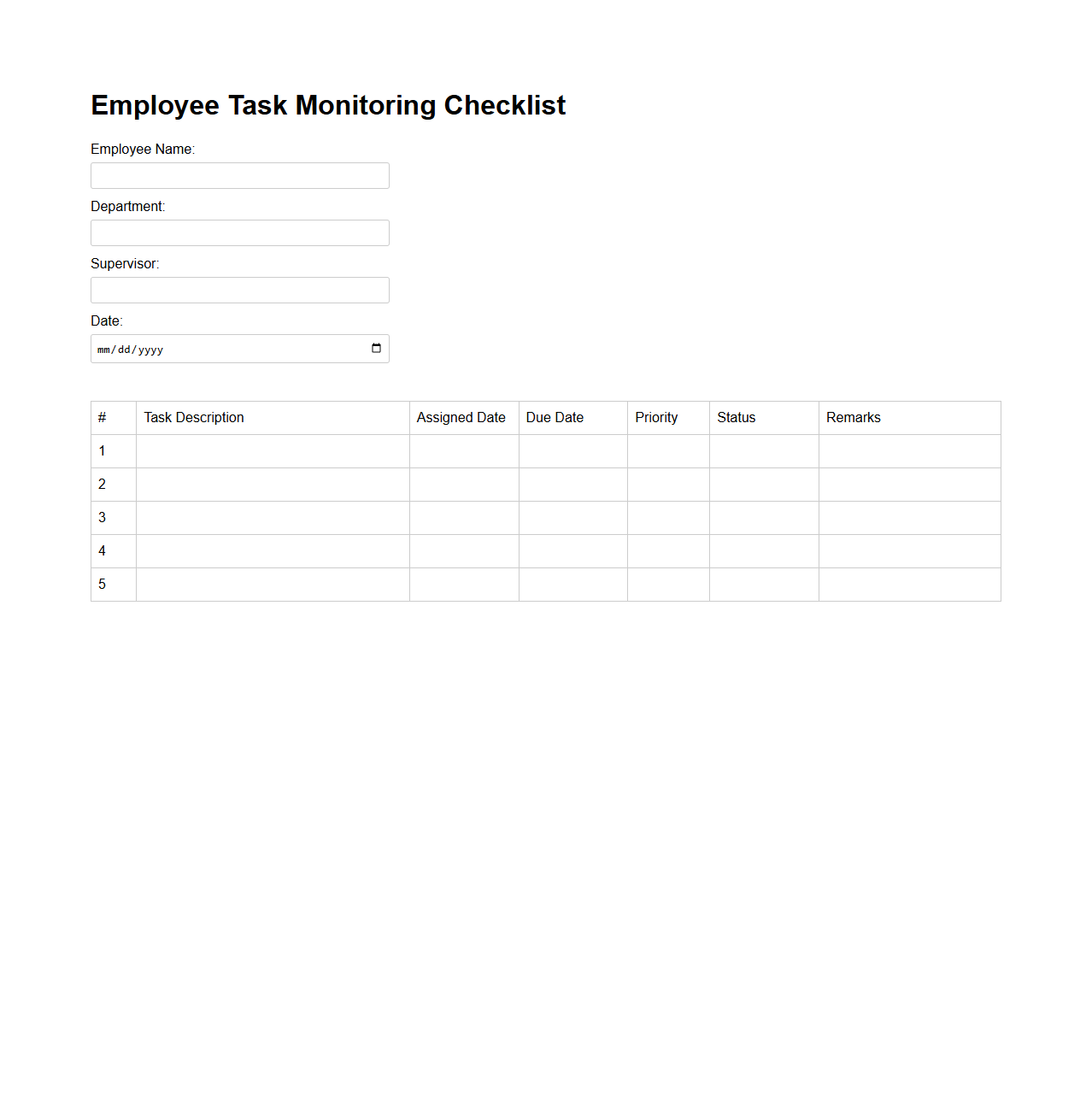 Employee Task Monitoring Checklist
