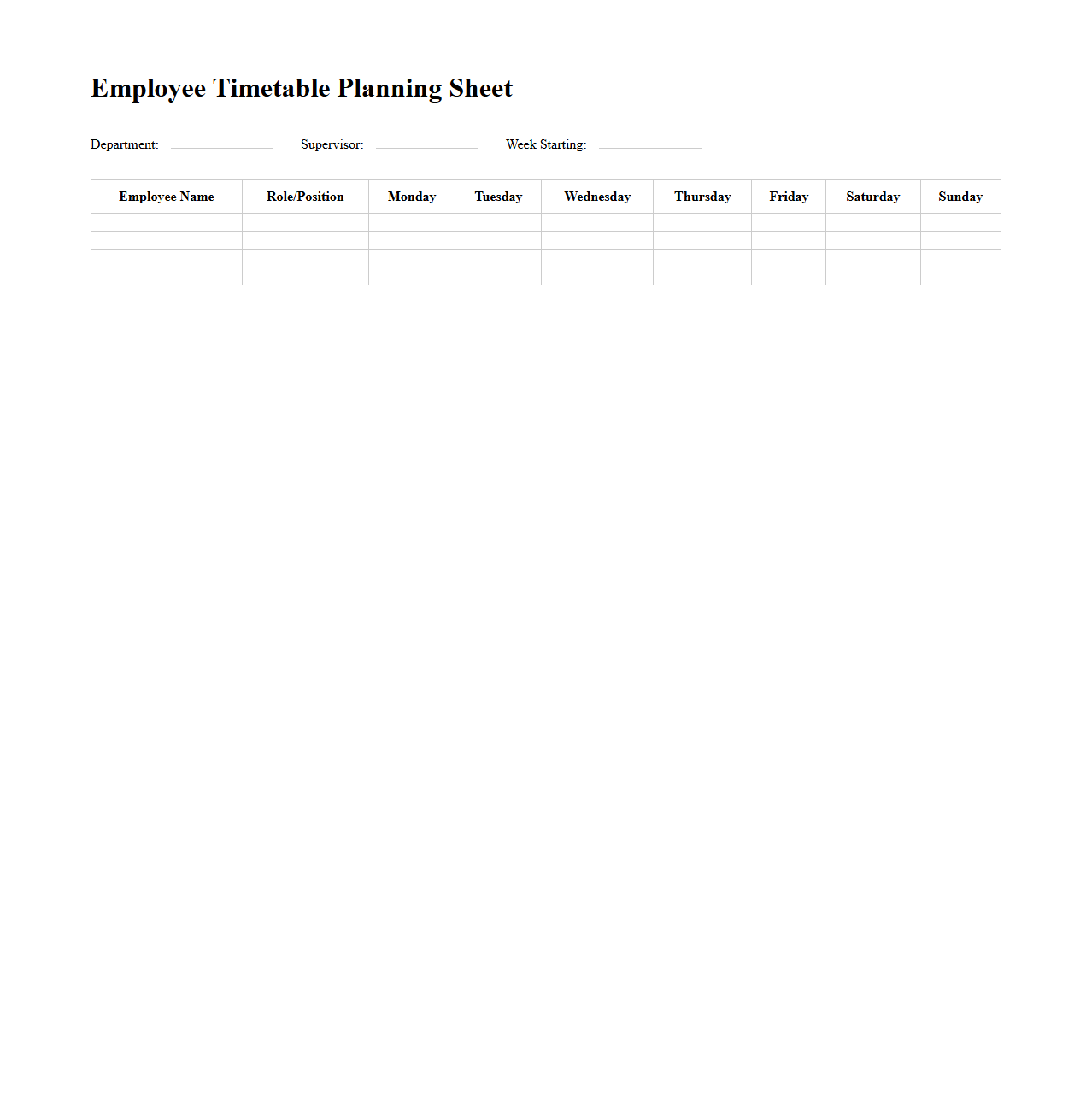 Employee Timetable Planning Sheet