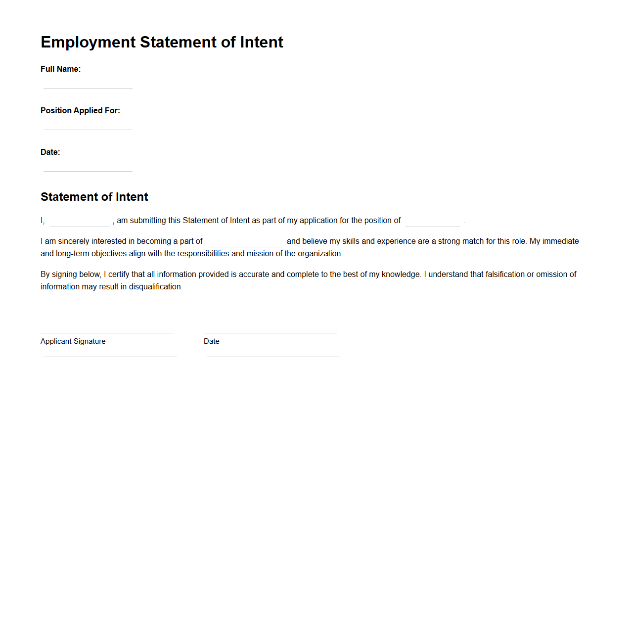 Employment Statement of Intent Template