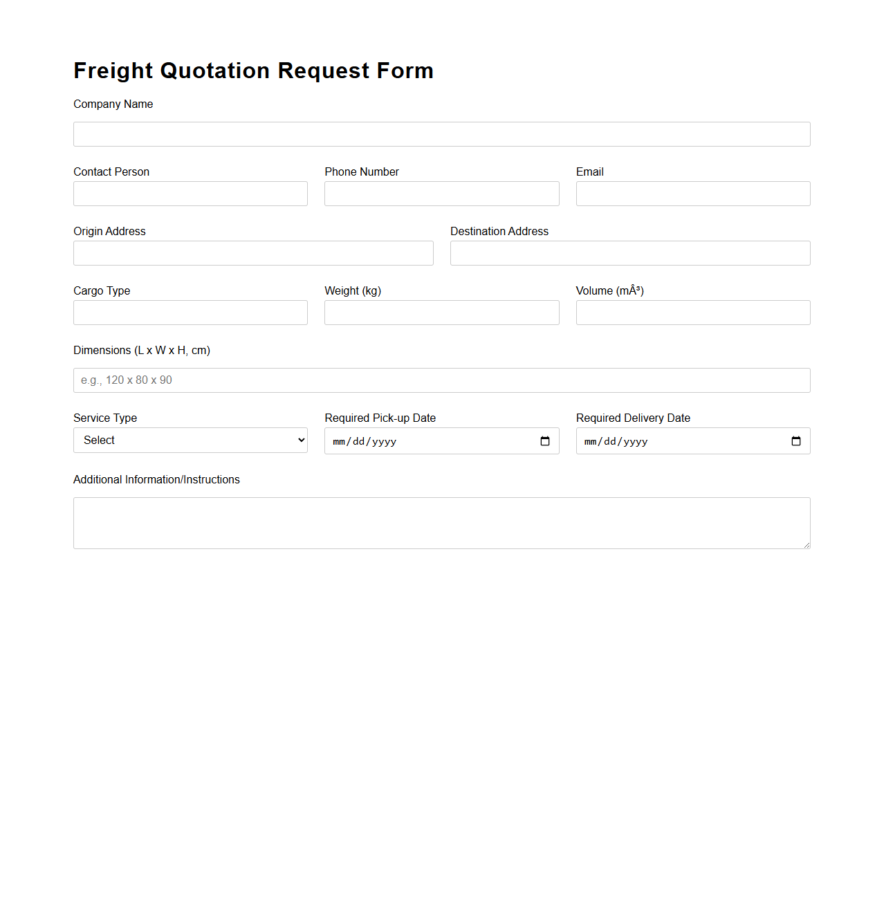 Empty Freight Quotation Form for Transport Services
