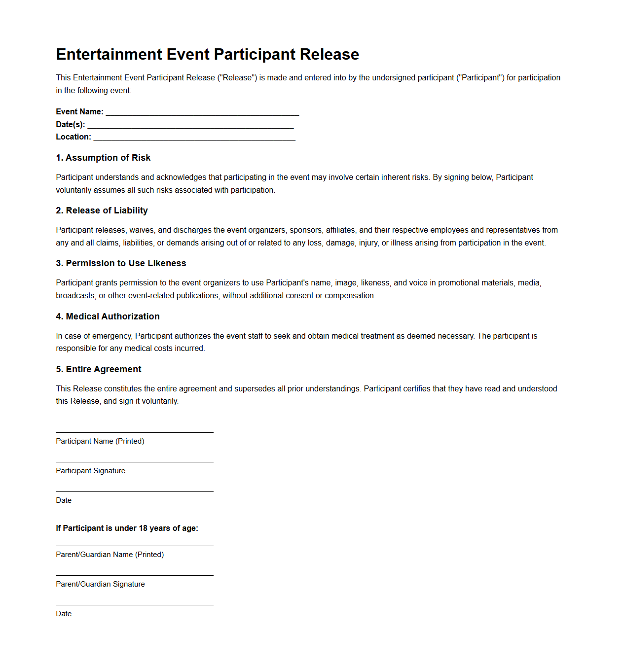 Entertainment Event Participant Release Template
