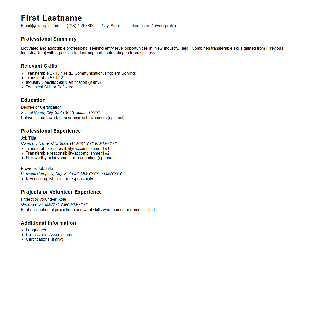 Entry-Level Career Change Resume Outline