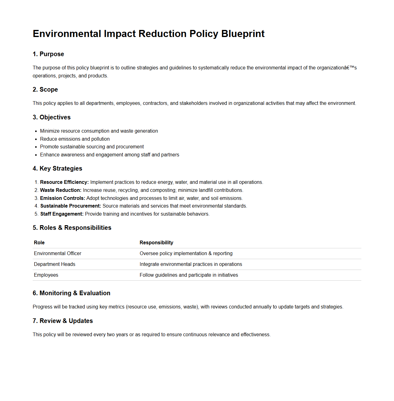 Environmental Impact Reduction Policy Blueprint