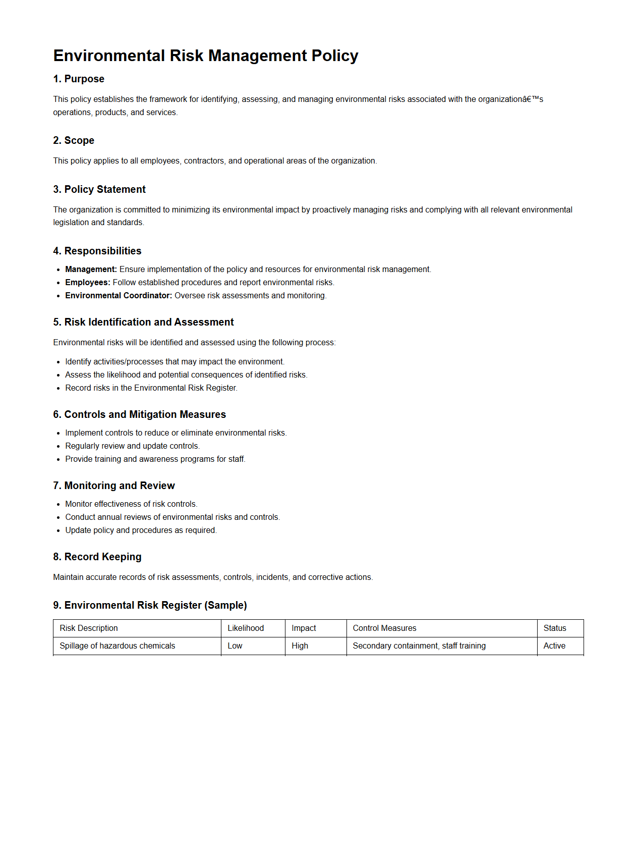 Environmental Risk Management Policy Format