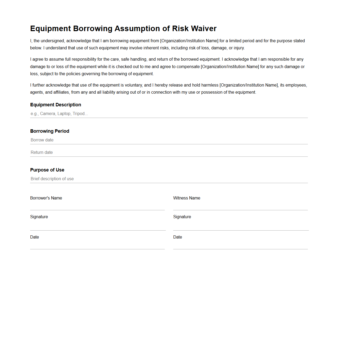 Equipment Borrowing Assumption of Risk Waiver