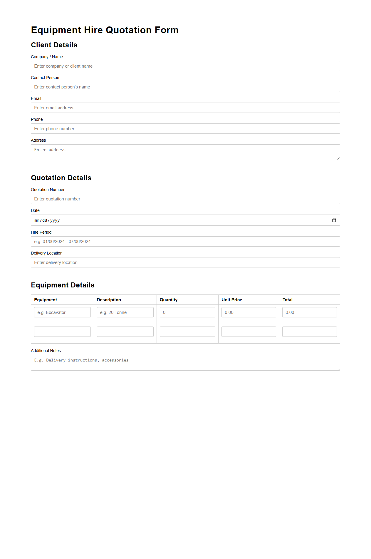 Equipment Hire Quotation Form Sample