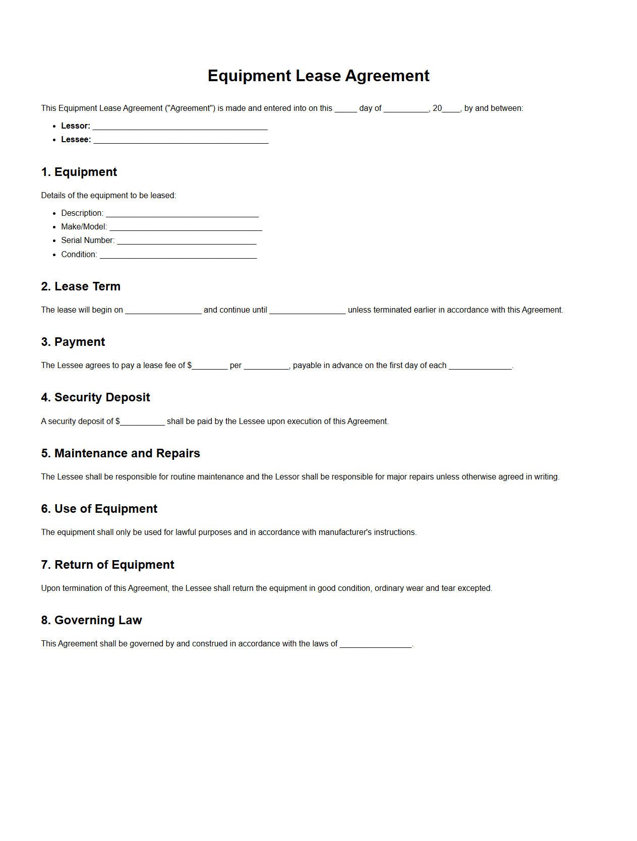 Equipment Lease Agreement Template