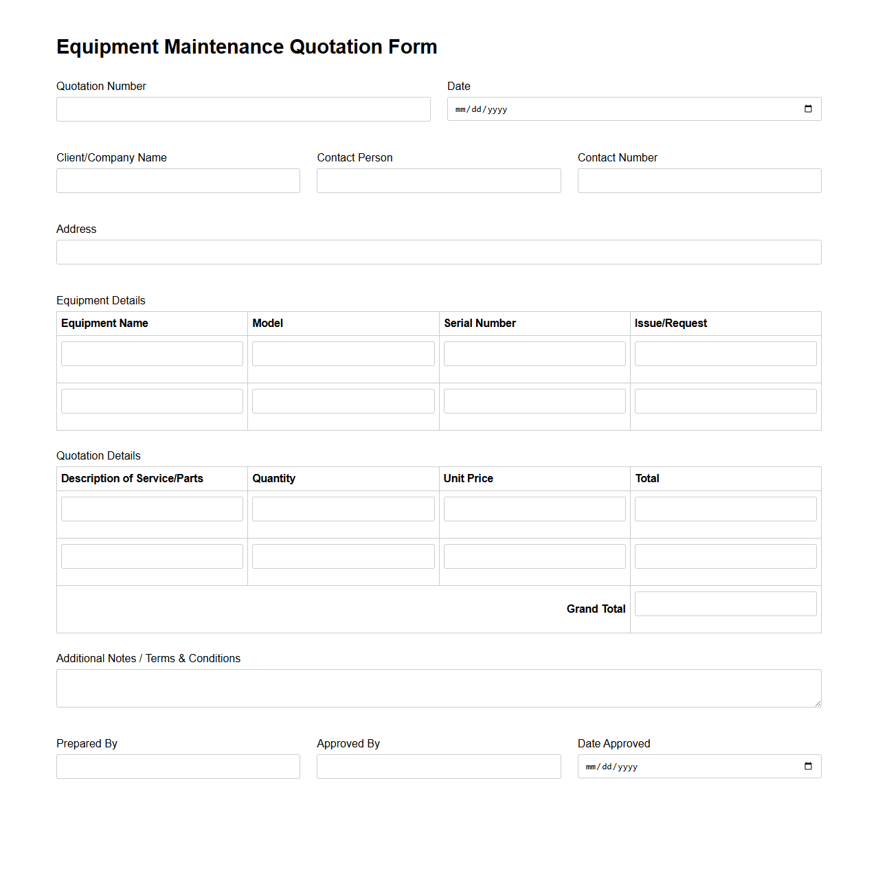 Equipment Maintenance Quotation Form