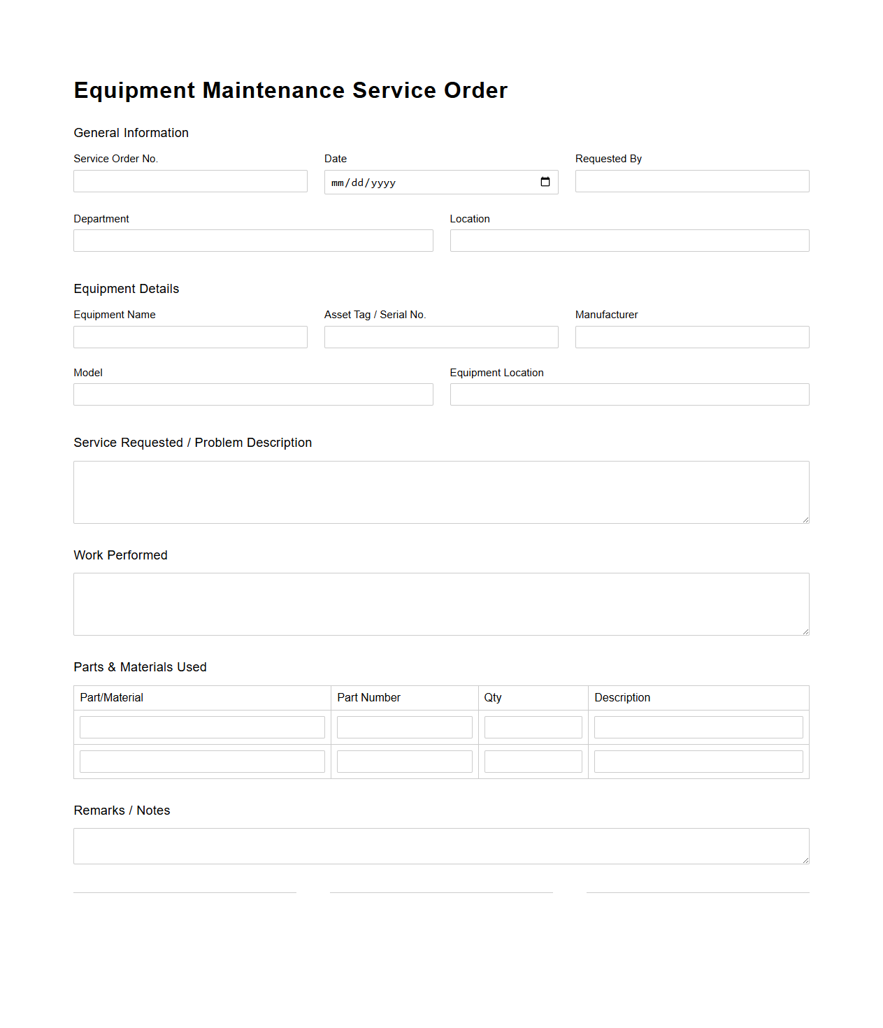 Equipment Maintenance Service Order