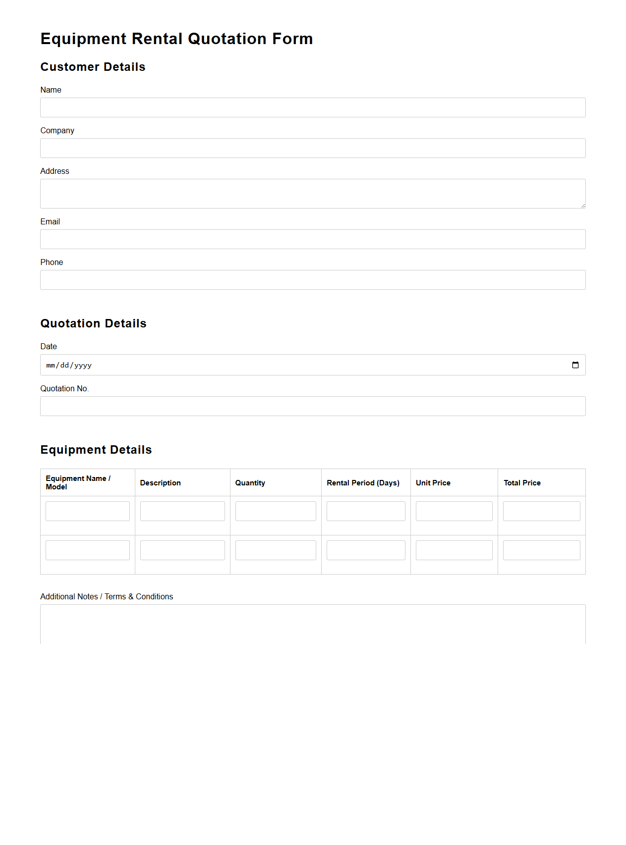 Equipment Rental Quotation Form Sample