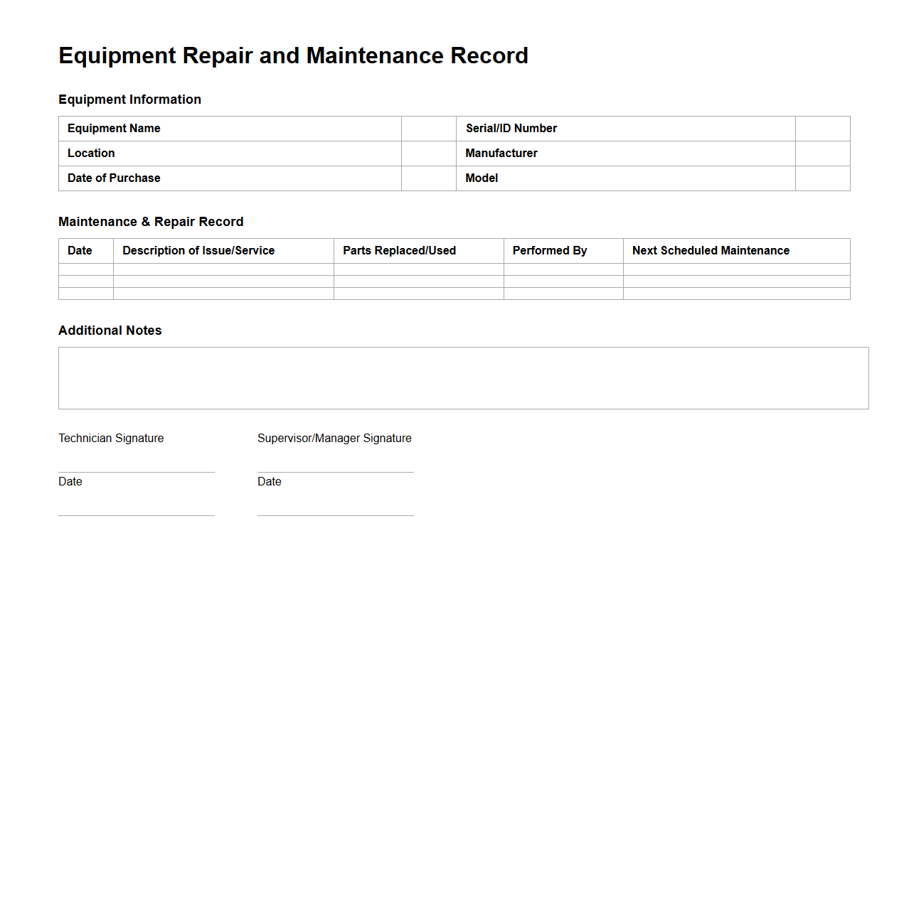 Equipment Repair and Maintenance Record Template