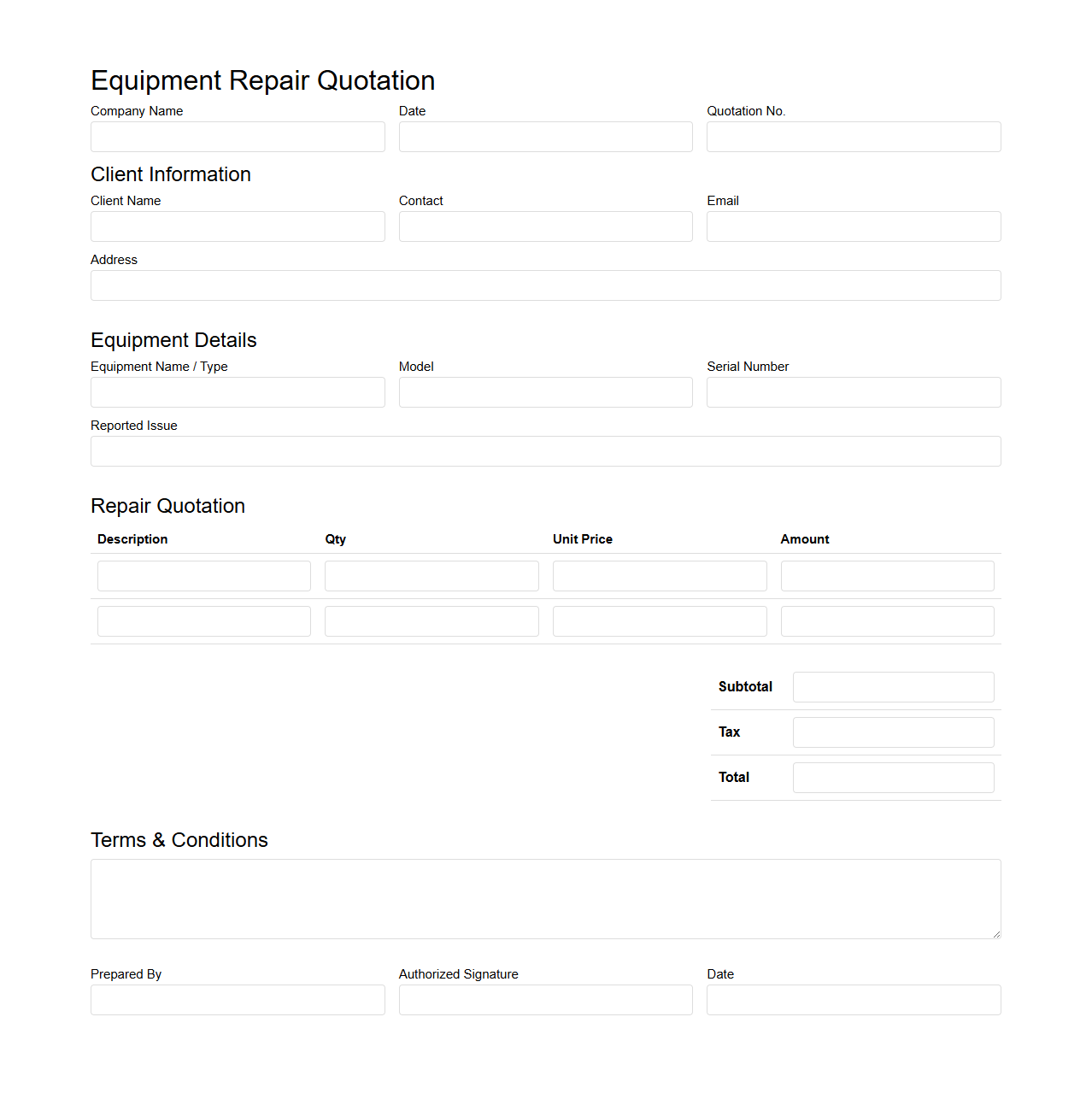 Equipment Repair Quotation Template