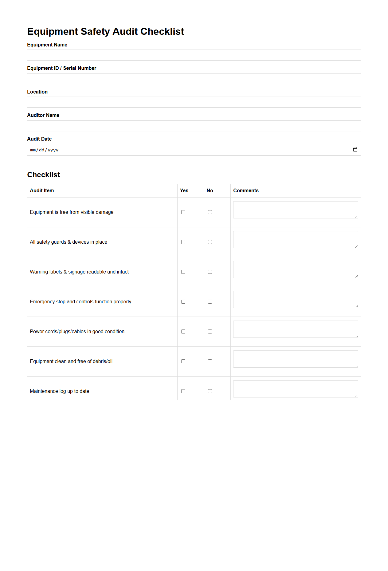 Equipment Safety Audit Blank Checklist