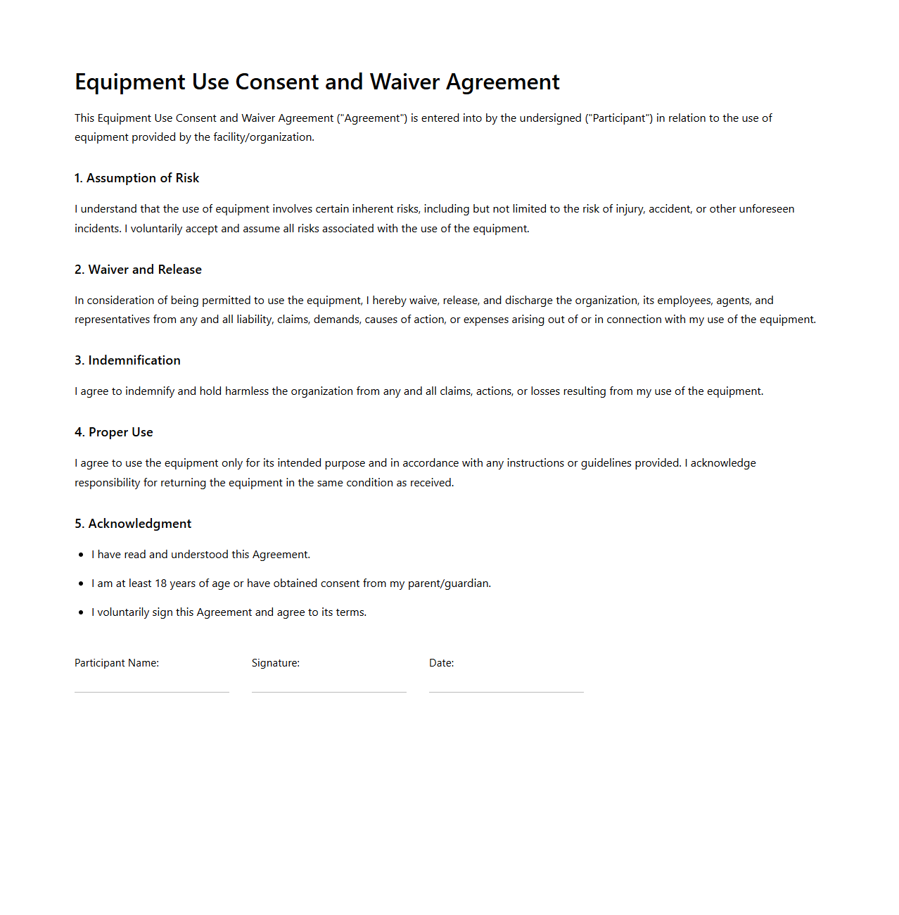 Equipment Use Consent and Waiver Agreement