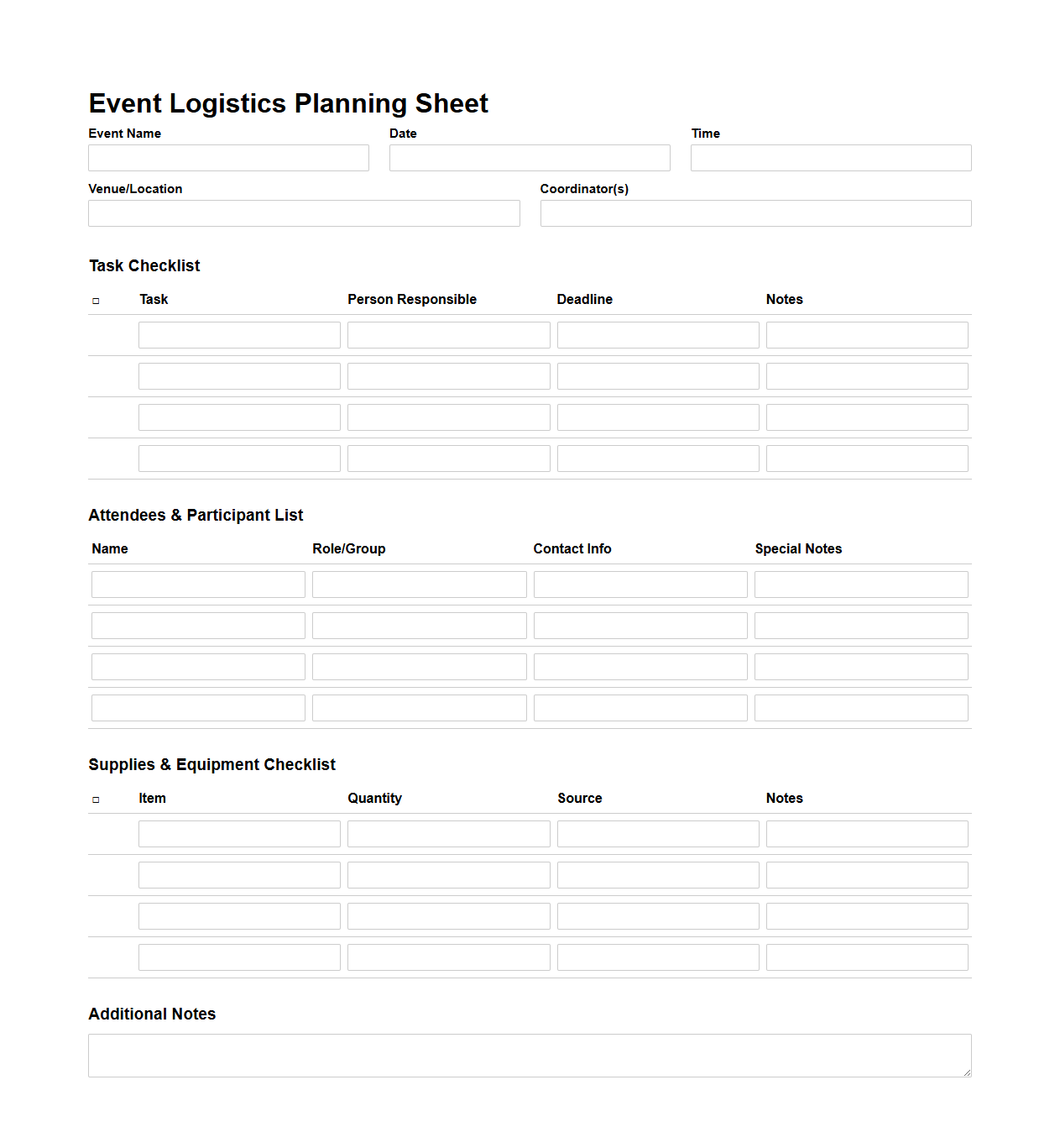 Event Logistics Planning Sheet for Coordinators