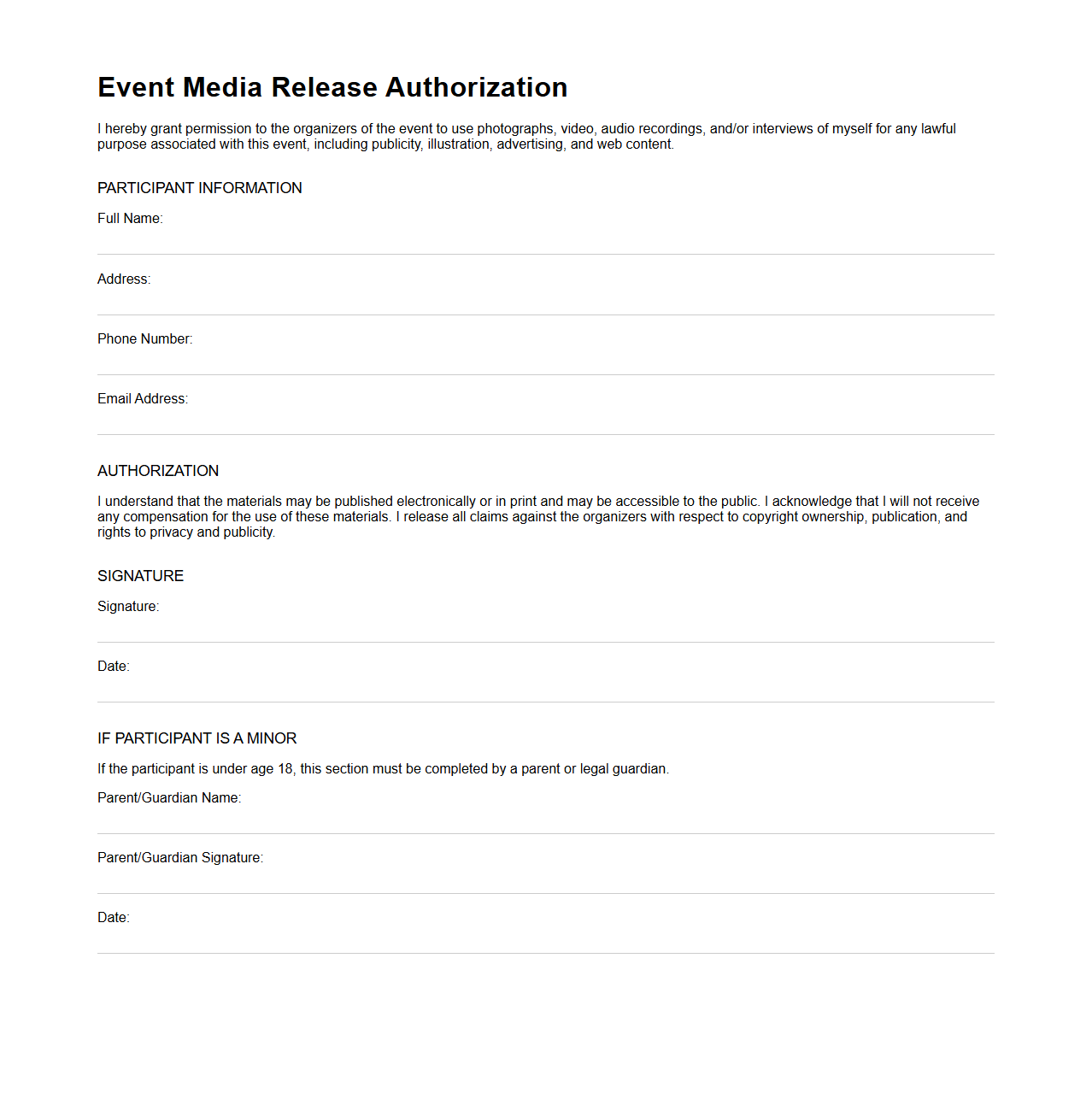 Event Media Release Authorization Template