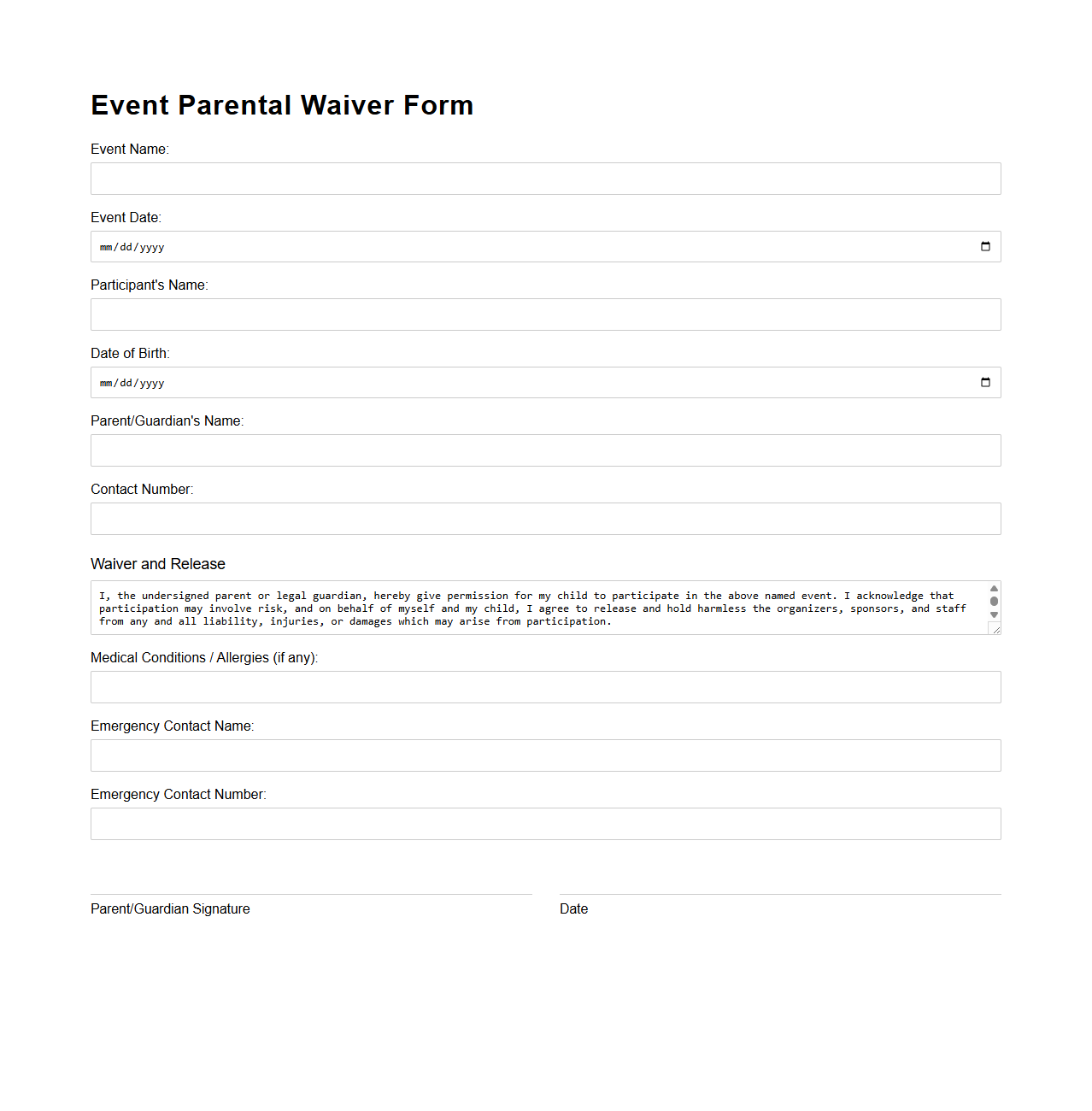 Event Parental Waiver Form
