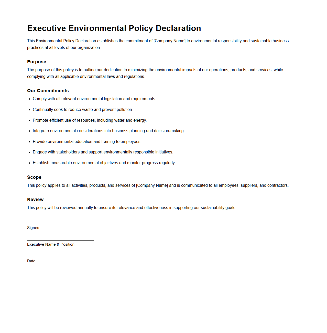 Executive Environmental Policy Declaration Template