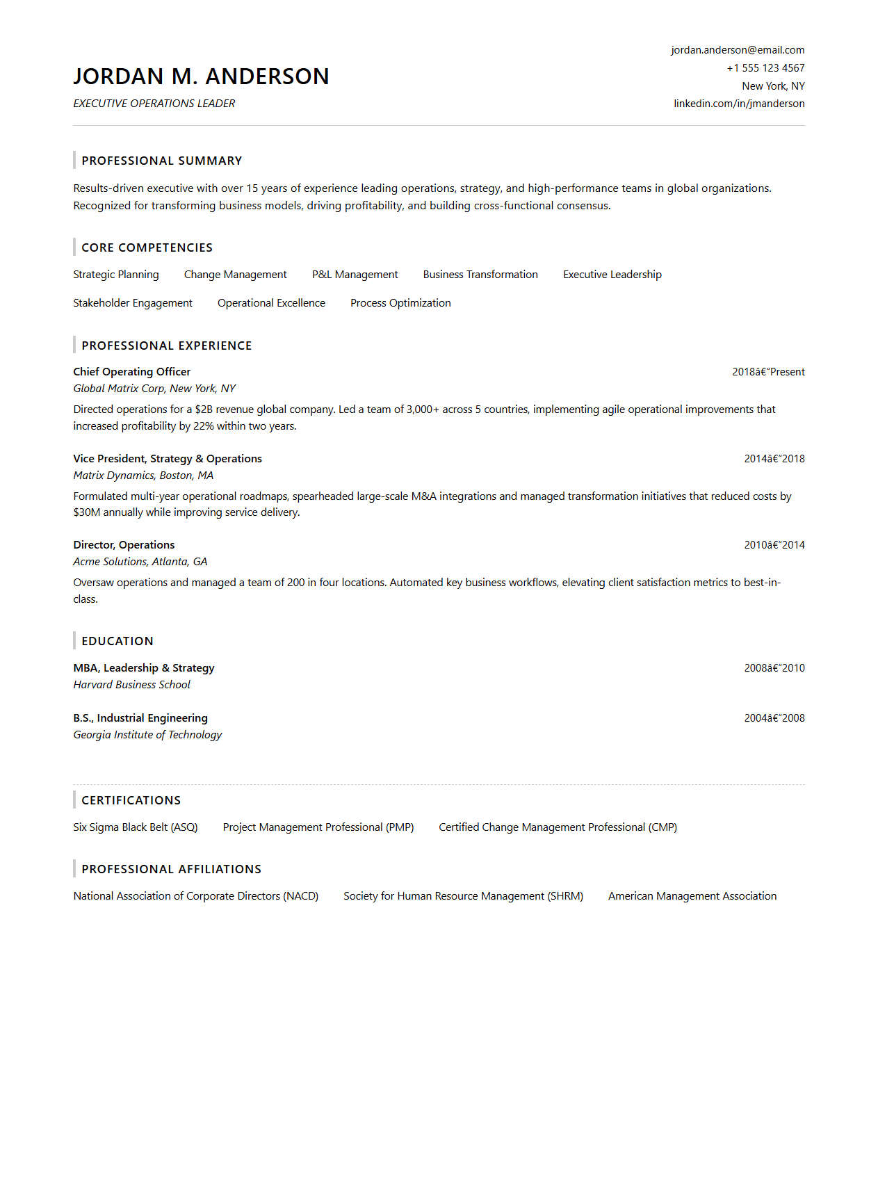 Expanded Two-Page Resume Design for Executives
