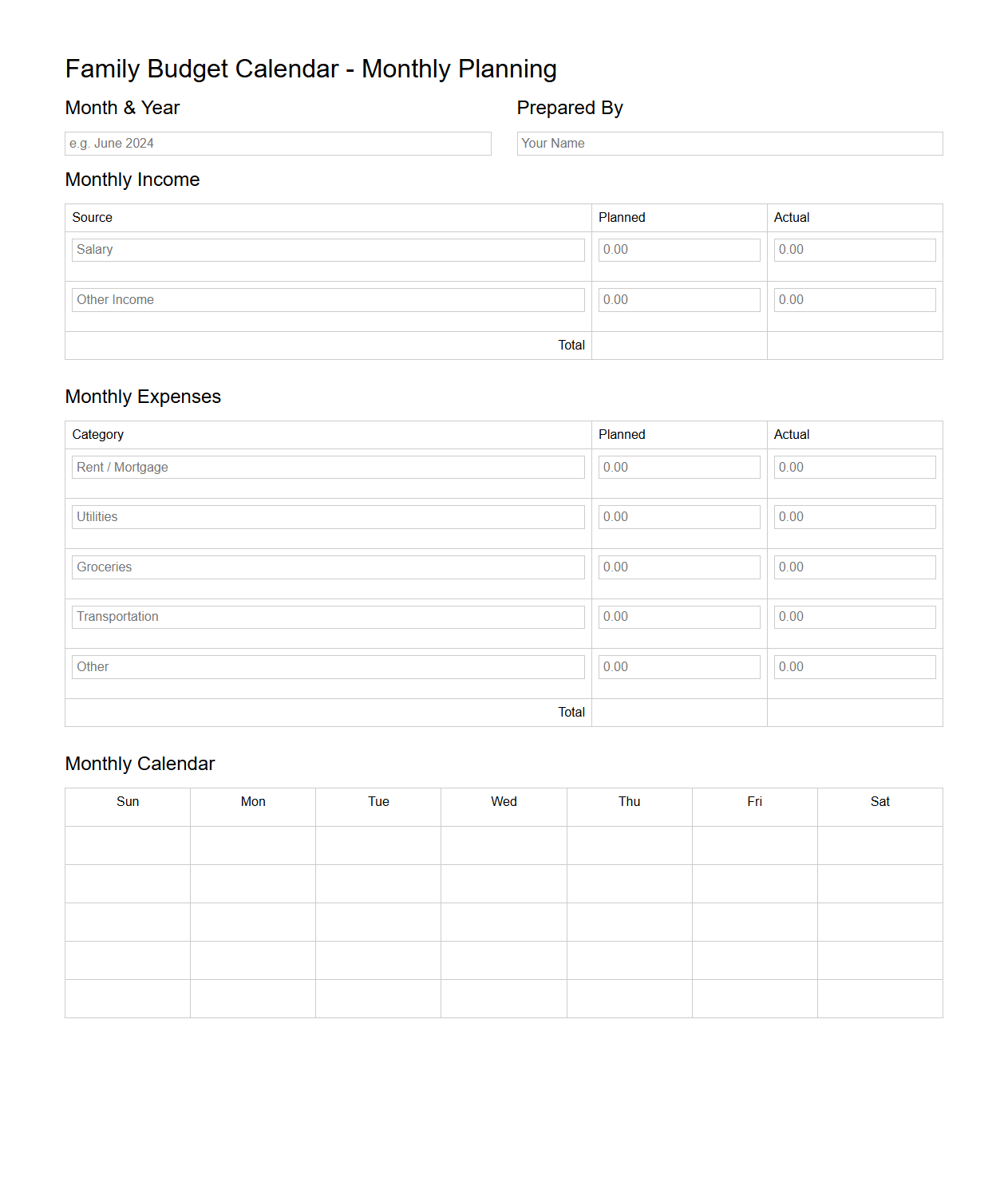 Family Budget Calendar for Monthly Planning