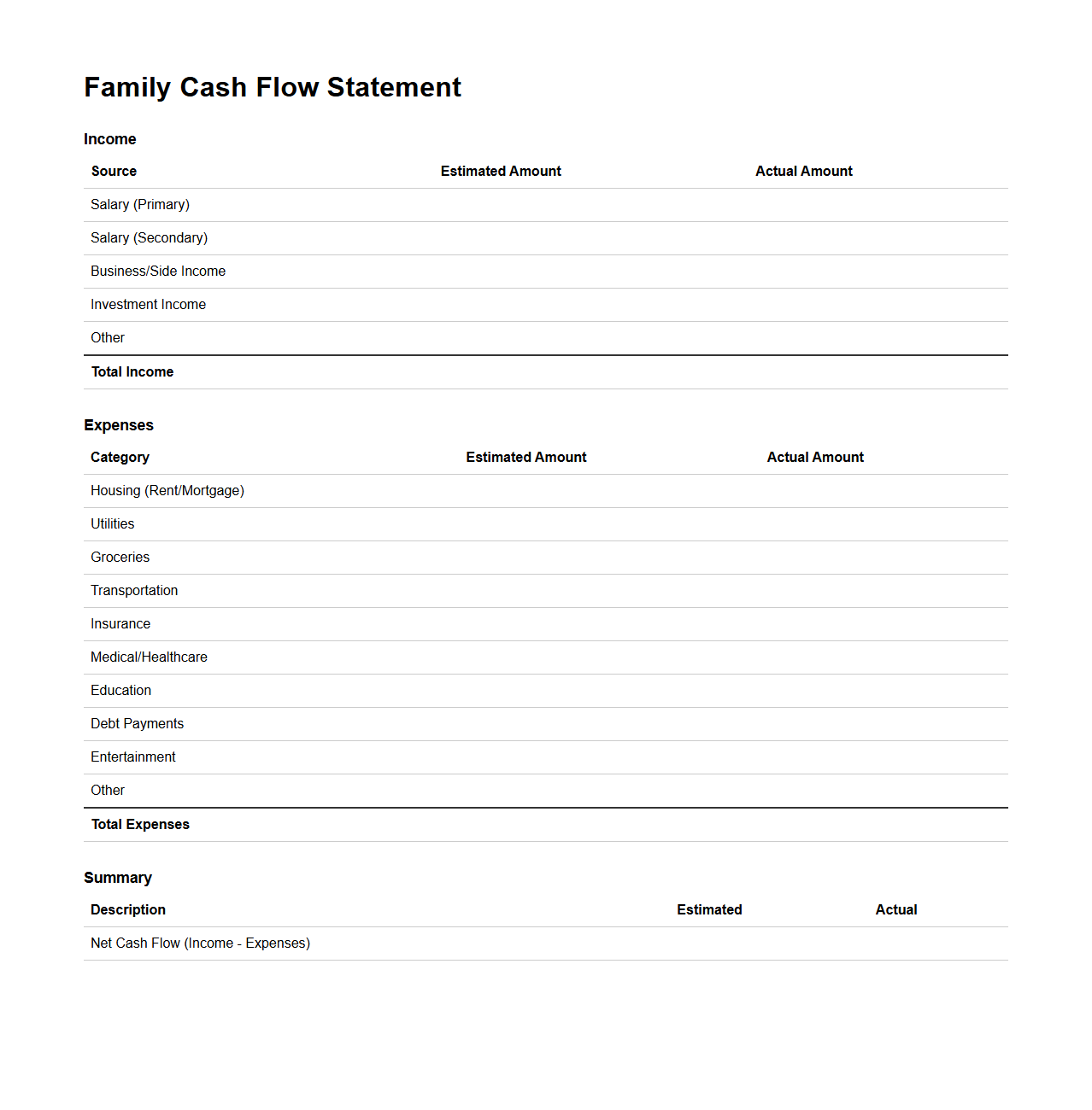 Family Cash Flow Statement Template
