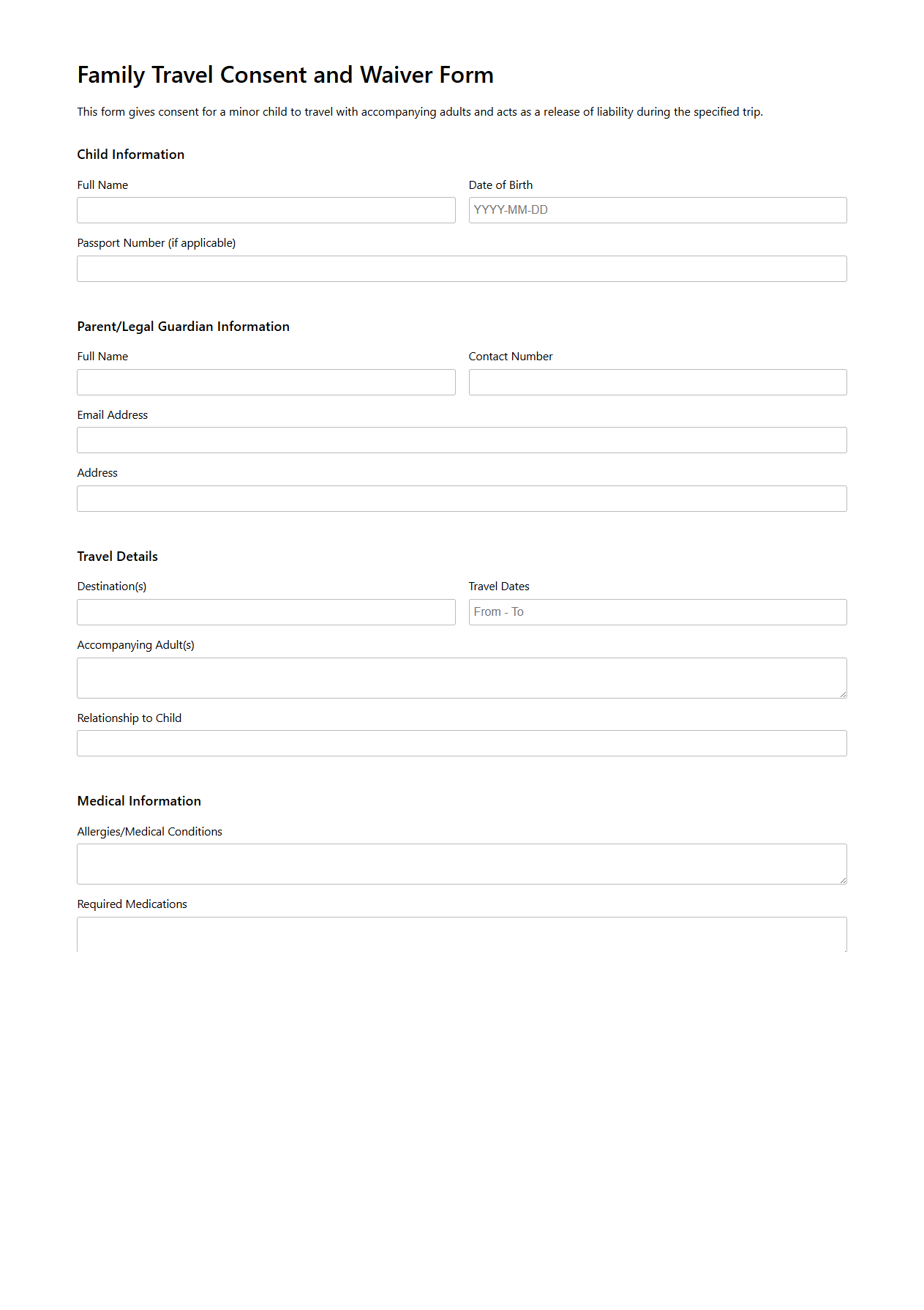 Family Travel Consent and Waiver Form