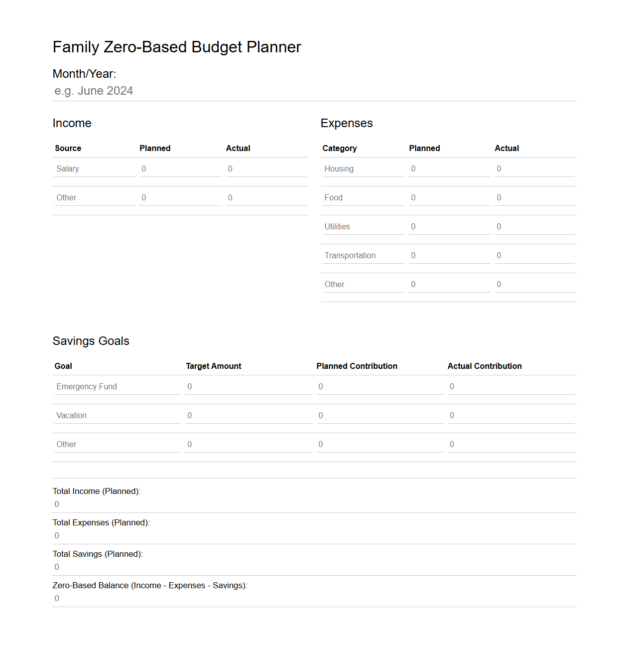 Family Zero-Based Budget Planner for Savings Goals