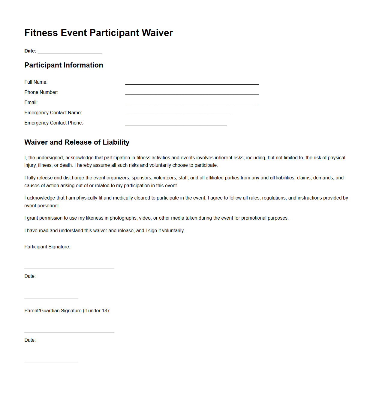 Fitness Event Participant Waiver Template