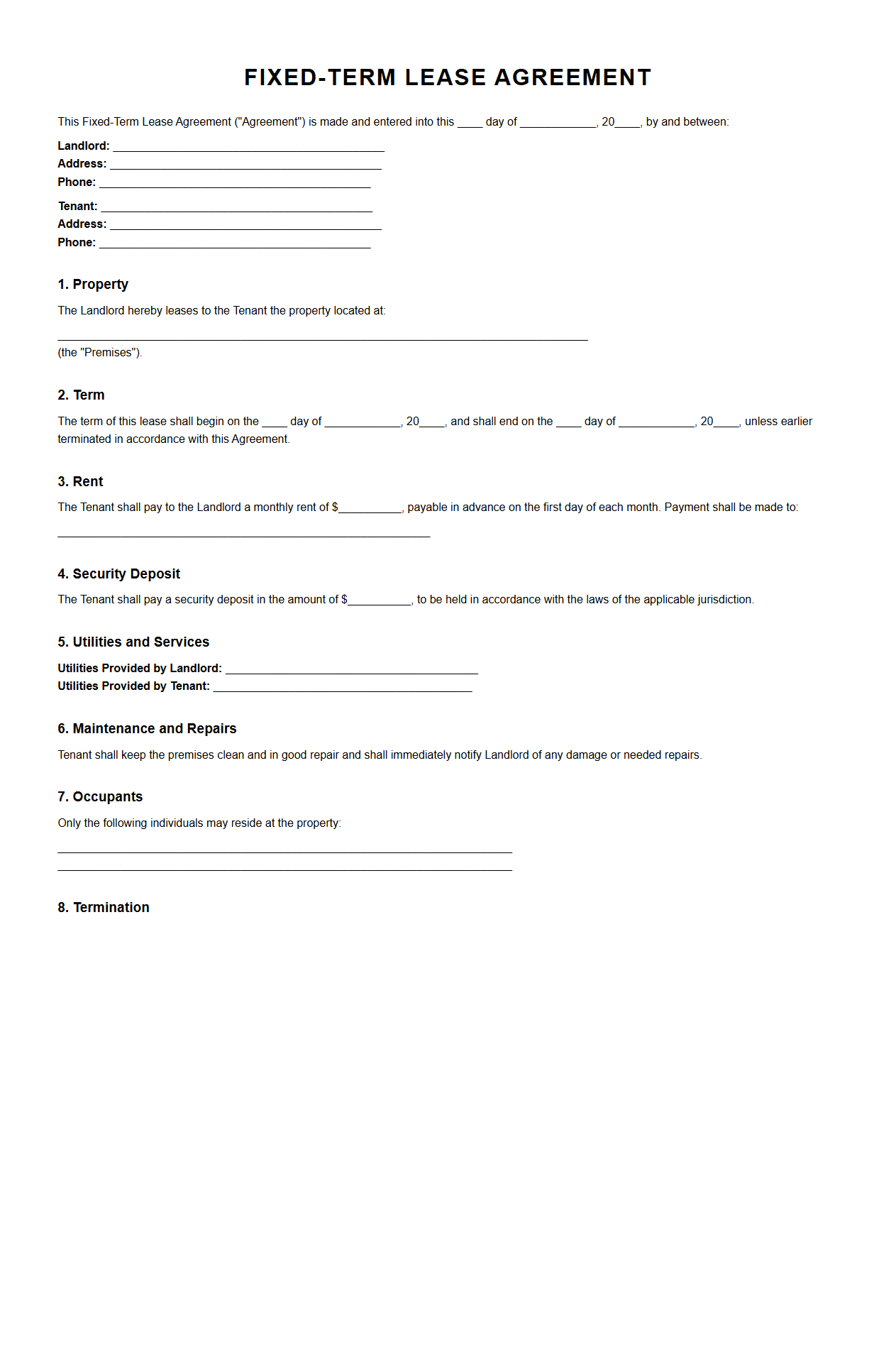 Fixed-Term Lease Agreement Template