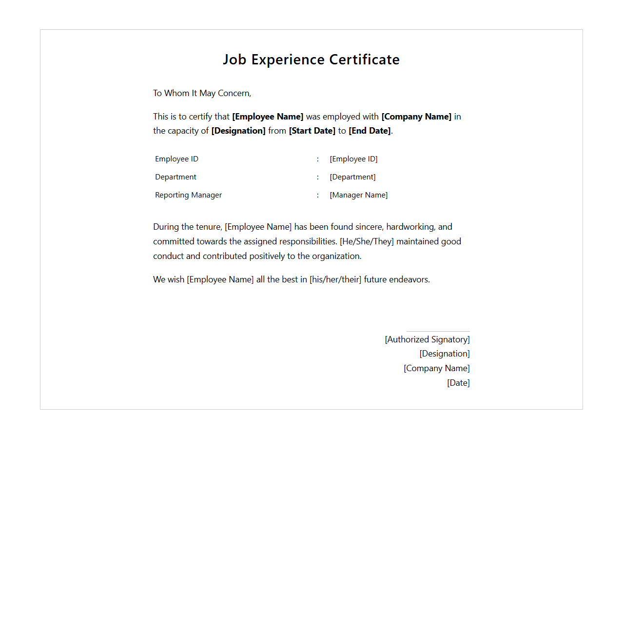 Formal Job Experience Certificate Sample