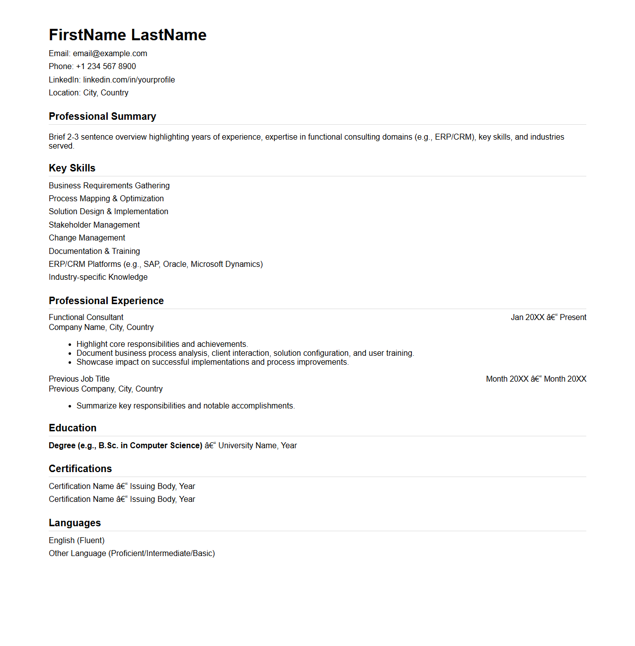 Functional Consultant Resume Structure