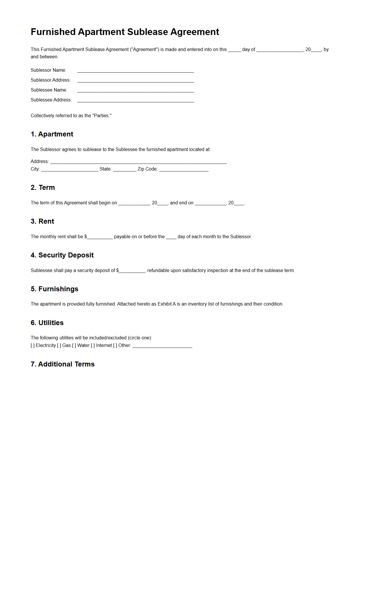 Furnished Apartment Sublease Agreement