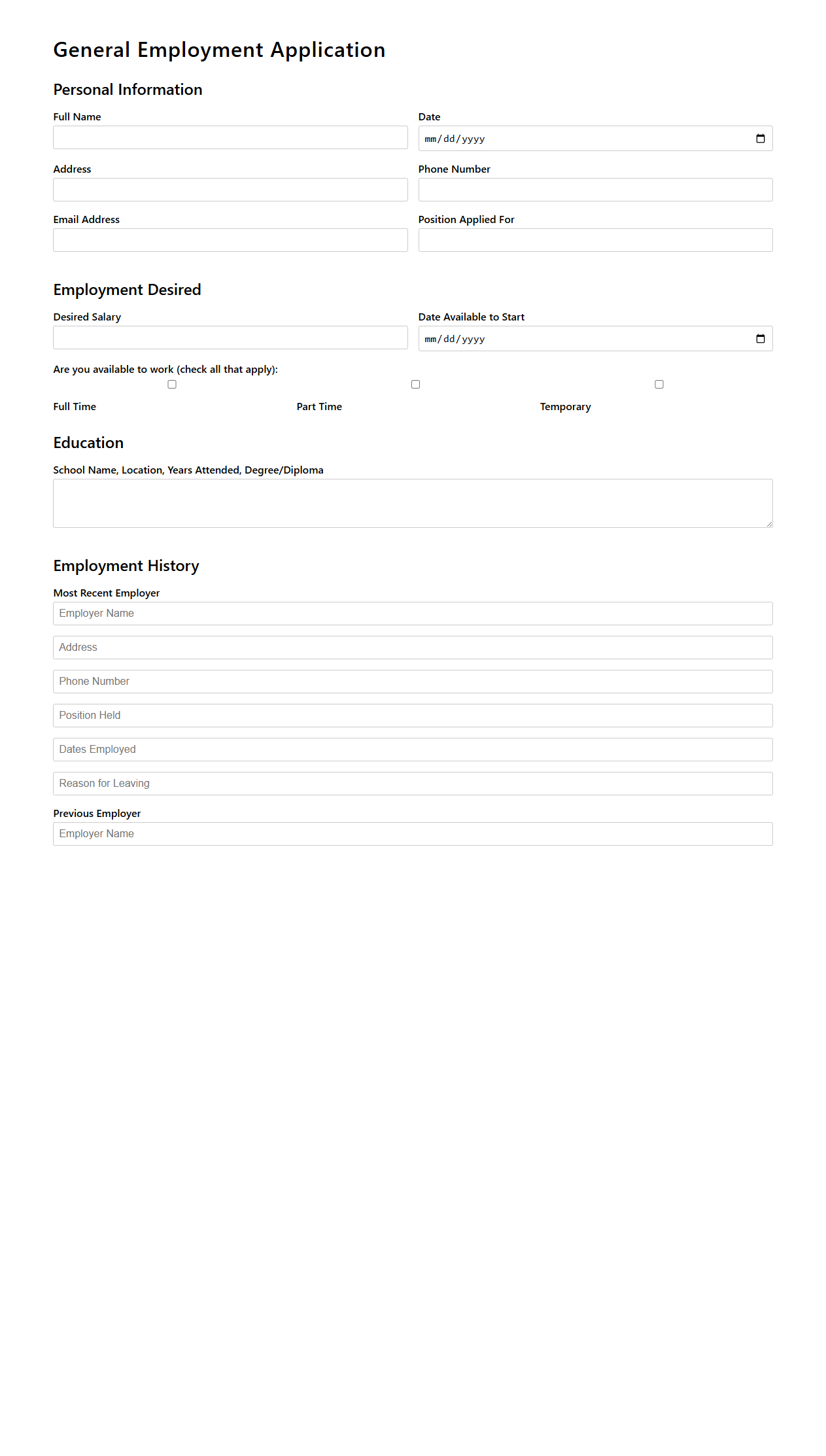 General Employment Application Template
