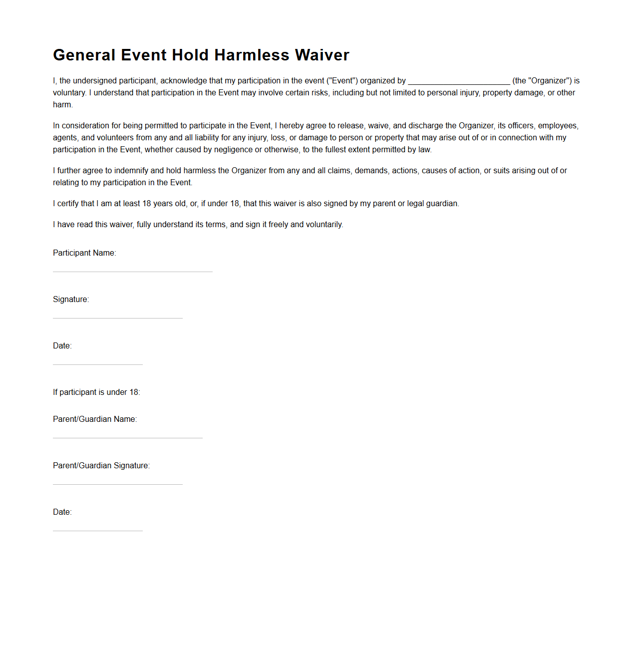 General Event Hold Harmless Waiver