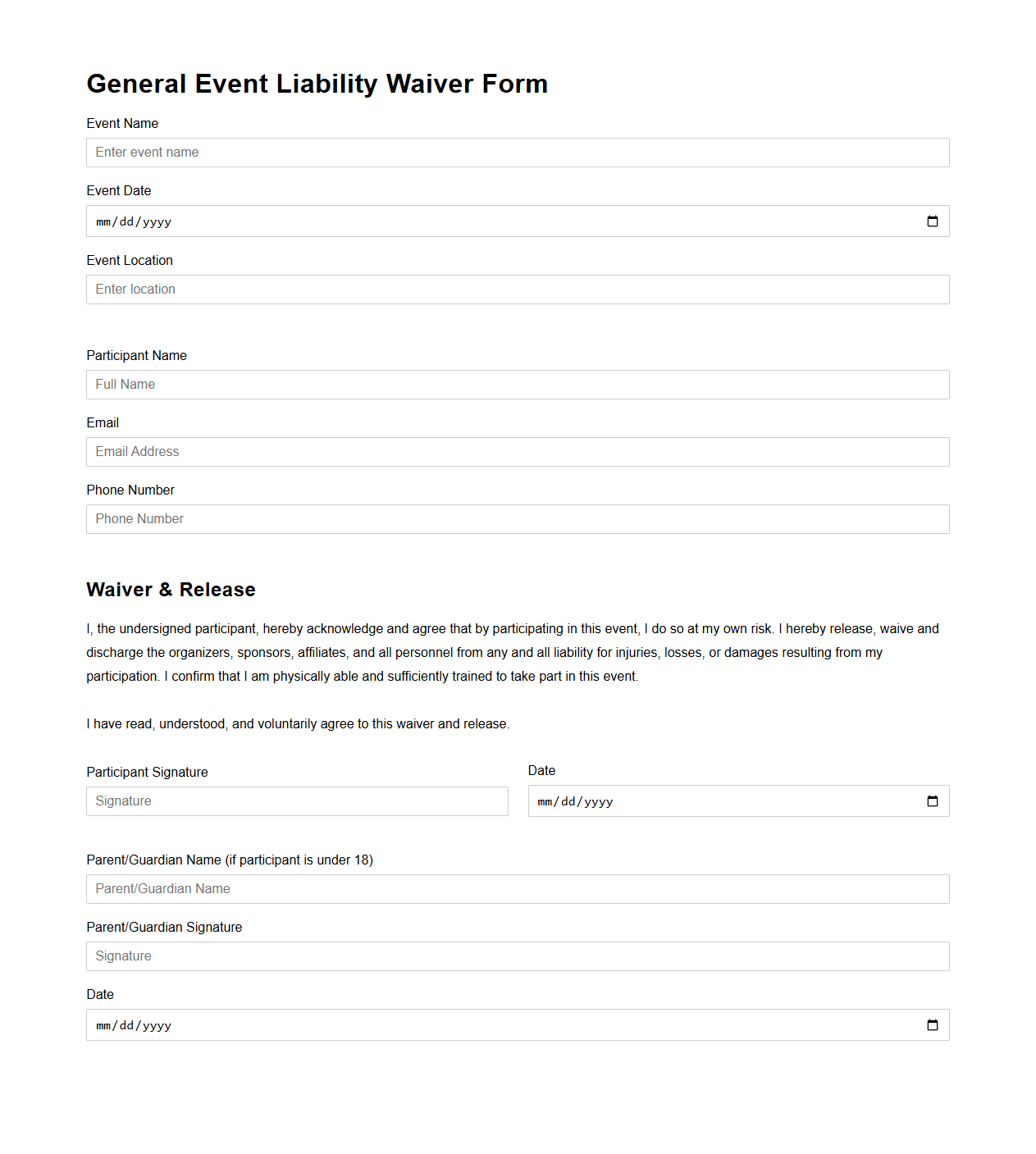 General Event Liability Waiver Form