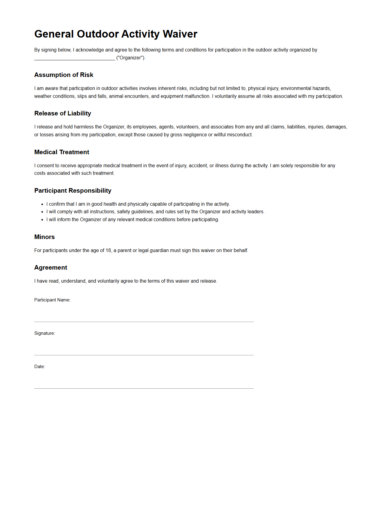 General Outdoor Activity Waiver Template
