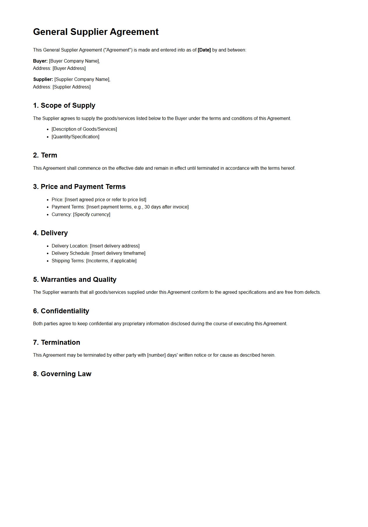 General Supplier Agreement Format