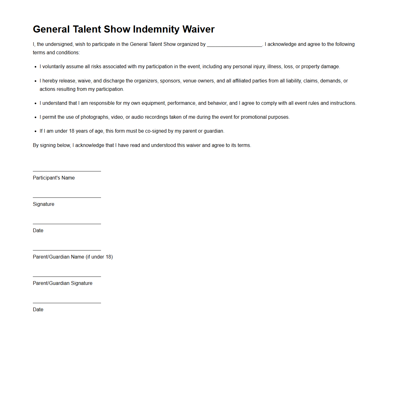 General Talent Show Indemnity Waiver Template