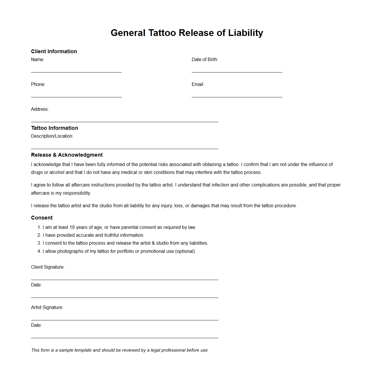 General Tattoo Release of Liability Template