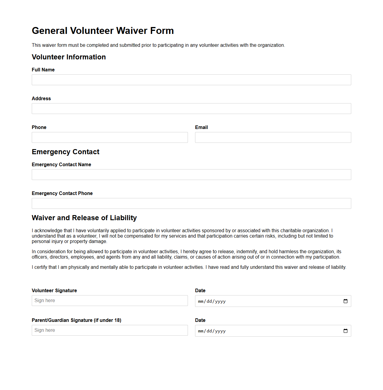 General Volunteer Waiver Form for Charitable Organizations