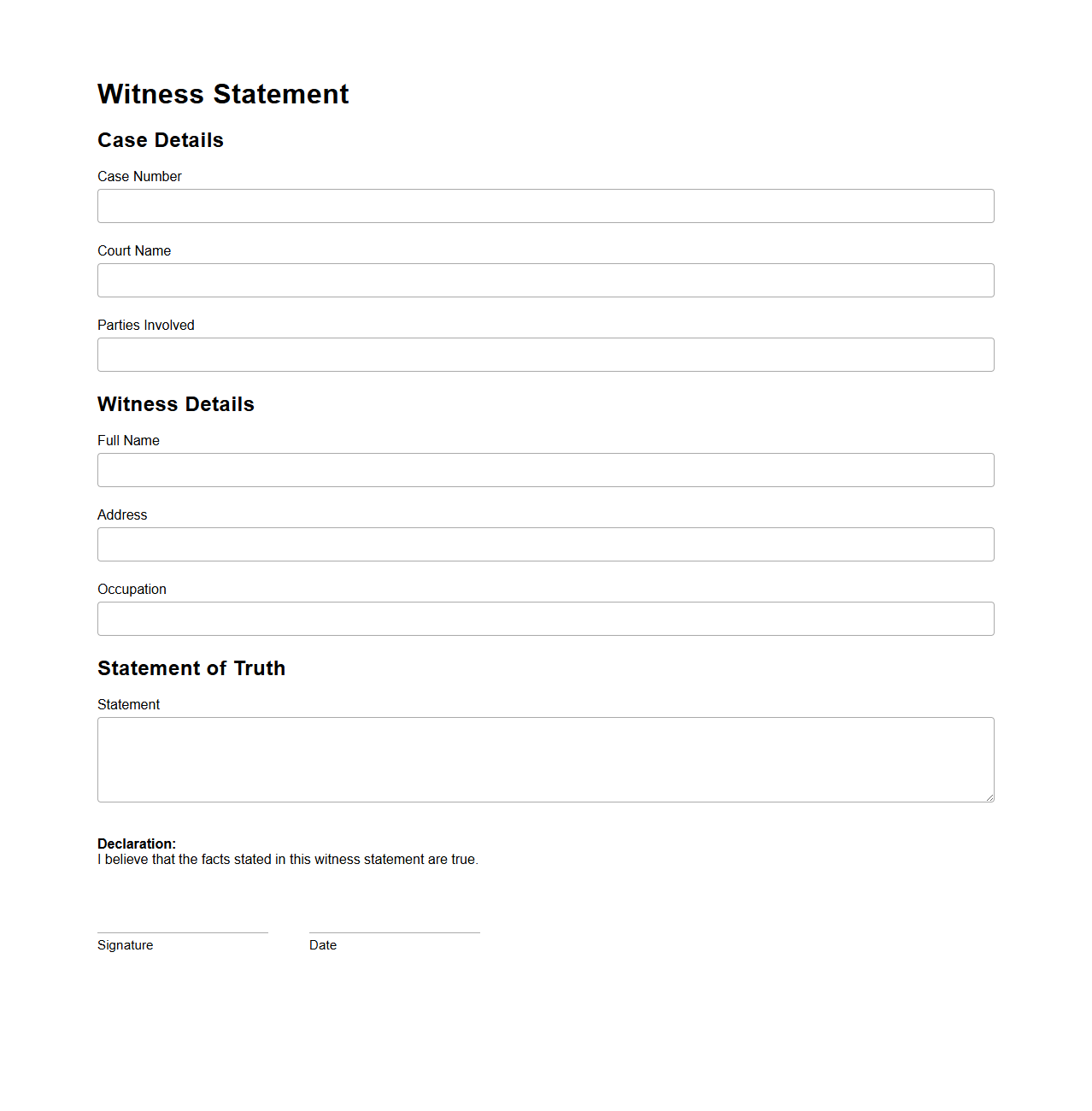 General Witness Statement Page for Legal Proceedings